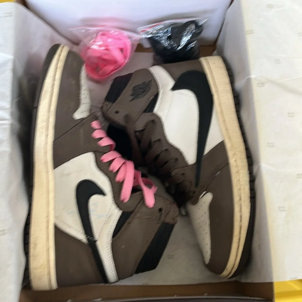 Jordan Men’s High-Top Sneakers in Brown, Black, White with Pink Laces